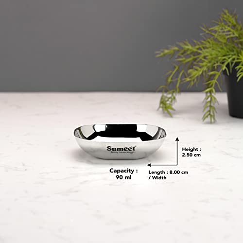 Sumeet Stainless Steel Small Apple Square Shape Plate/Dessert Plate/Halwa Plate Set of 6pcs, 8cm Dia, 90ML Each - Silver