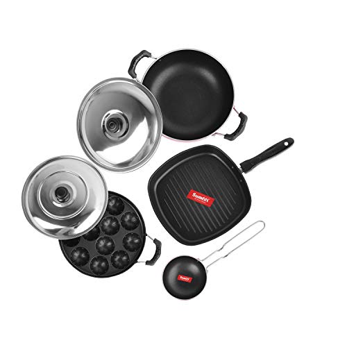Sumeet 2.6mm Thick Non-Stick Puka Cookware Set (Kadhai with Lid – 1.5Ltr Capacity- 20cm Dia + Grill Appam Patra with Lid – 23cm Dia + Grill Pan – 1.1Ltr Capacity – 22cm Dia + Tadka Pan – 10cm Dia)
