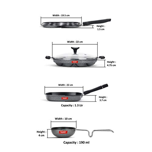 Sumeet NonStick Must Cookware Set (Mini Multi Snack Maker - 4 Cavity -19.5cm + Grill Appam Patra with Glass Lid - 12 Cavity - 22cm Dia + Grill Pan-22cm Dia + Waghariya/Tadka pan - 190Ml - 10Cm Dia)