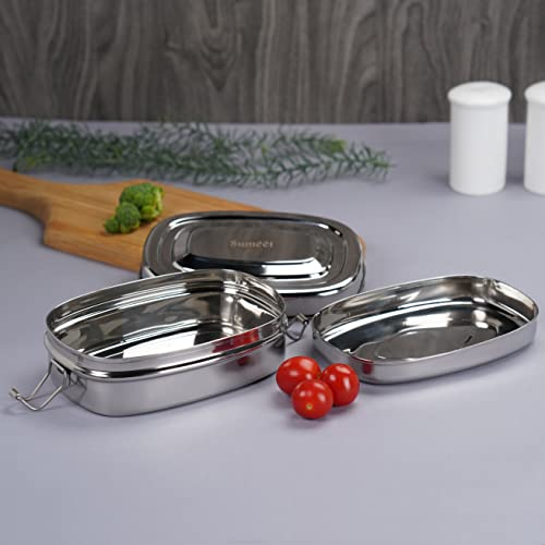 Sumeet Stainless Steel Rectangle Lunch Box/Tiffin with 2 Compartments and Locking Clip, 550ML, Ideal for 1 Person - Silver