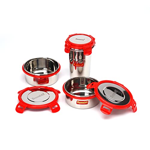 Sumeet Red Meal Statinless Steel Lunch Box Combo 2 Container (350Ml), 1 Tumbler (400Ml)
