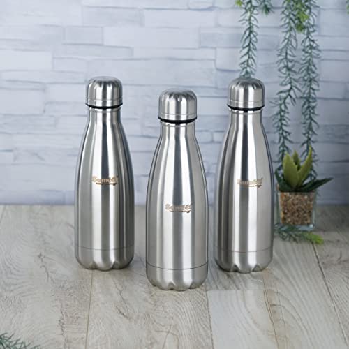 Sumeet Stainless Steel Double Walled Flask / Water Bottle, 24 Hours Hot and Cold, 400 ml, Silver - Set of 3 Pcs