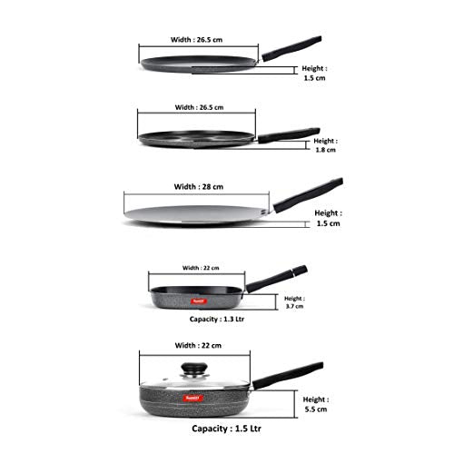 Sumeet NonStick Svart Cookware Set (Dosa Tawa - 26.5Cm Dia + Multi Snack Maker - 7 Cavity - 26.5Cm Dia + Conceve - 28Cm Dia + Grill Pan-22cm Dia + Frypan with Glass Lid - 1.5Ltr - 22Cm Dia)