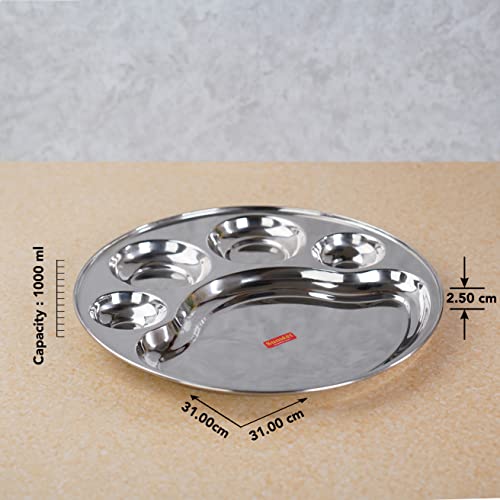 Sumeet Stainless Steel Round 5 in 1 Compartment Lunch / Dinner Plate Set of 3Pcs, 31cm Dia, Silver