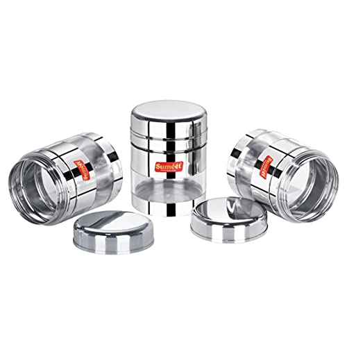 Sumeet Stainless Steel Circular See Through / Transparent Container, Set of 3Pc, 800 Ml each, 10cm Dia, Silver