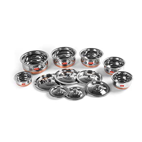 Sumeet Stainless Steel Copper Bottom 6 Pc Handi / Cookware/ Servware Pot Set with Lid 360ML, 500ML, 800ML, 1Ltr, 1.250Ltr, 1.650Ltr (Silver)
