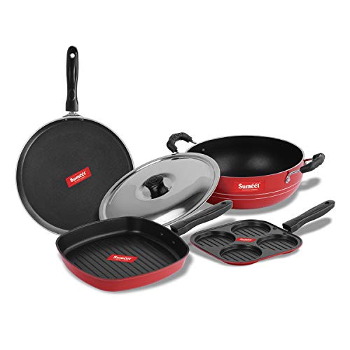 Sumeet 2.6mm Thick Non-Stick Catalan Cookware Set (Dosa Tawa – 26.5cm Dia + Mini Multi Snack Maker – 19.5cm Dia + Kadhai with Lid – 1.5Ltr Capacity- 20cm Dia + Grill Pan – 1.1Ltr Capacity – 22cm Dia)