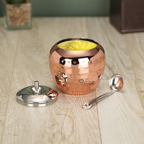 Sumeet Stainless Steel Copper Coated Handcrafted Hammered Ghee and Oil Pot, Storage Container with Spoon for Kitchen and Pooja, 7.5cm Dia, 220ML - Silver (Pack of 1)