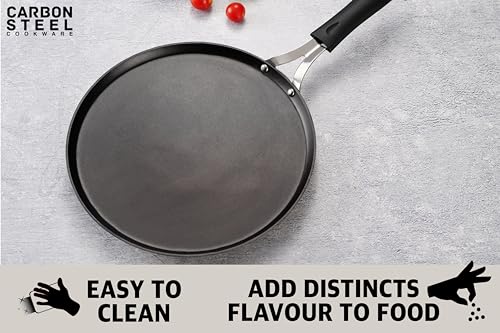 Sumeet Super Smooth Pre Seasoned Carbon Steel (Iron) Flat Tawa for Dosa, Uttappa, Chapati, Roti|Naturally Nonstick |29.5cm, Gas & Induction-Friendly, Black