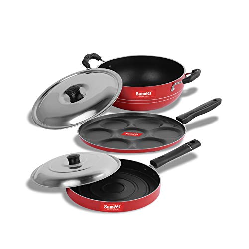 Sumeet 2.6mm Thick Non-Stick Amber Combo Set (Multi Snack Maker – 26.5cm Dia + Kadhai with Lid – 1.5Ltr Capacity- 20cm Dia + Pizza Pan – 23cm Dia)