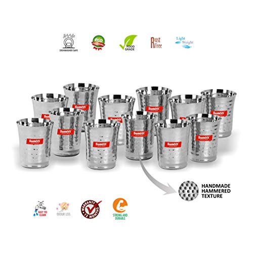 Sumeet Stainless Steel Handcrafted Hammered Texture 12 pc Glass Set (Capacity - 300Ml Each)