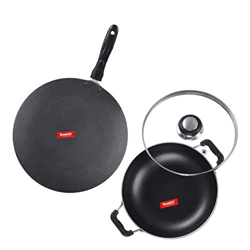 Sumeet NonStick Airgead Cookware Set (Kadhai with Glass Lid -2Ltr - 22Cm Dia + Conceve/Roti Tawa - 28Cm Dia)