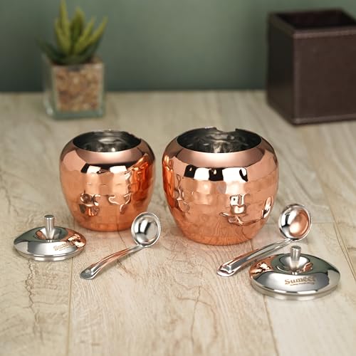 Sumeet Stainless Steel Copper Coated Handcrafted Hammered Ghee and Oil Pot, Storage Container with Spoon for Kitchen and Pooja, 7.5cm & 9cm Dia, 220ml & 320ML - Silver (Pack of 2)