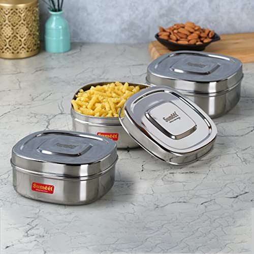 Sumeet Stainless Steel Square Storage containers Box/Dabba for Kitchen, Set of 3Pcs, 1000ml, 14cm Dia, Silver