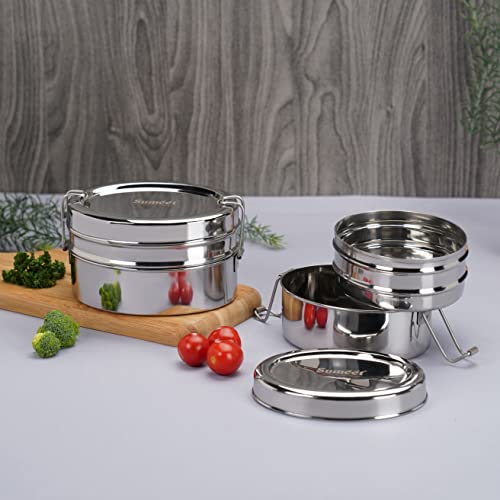 Sumeet Stainless Steel Oval Lunch Box/Tiffin with 2 Compartments and Locking Clip, Set of 2 Pcs, 800ML & 850ML Each, Ideal for 4 Person - Silver