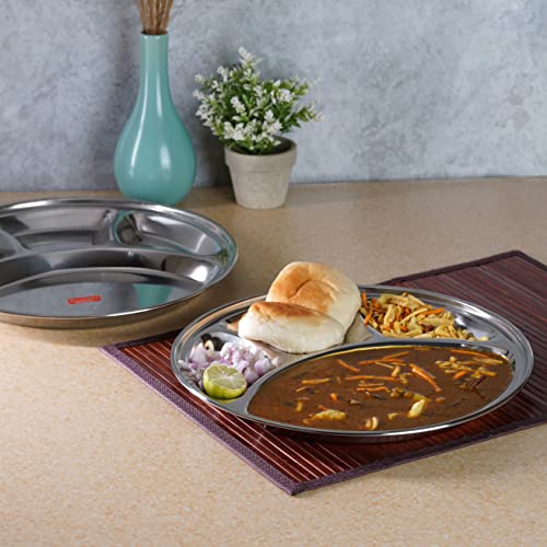 Sumeet Stainless Steel Round 4 in 1 Compartment Lunch / Dinner Plate Set of 2Pcs, 30.3cm Dia, Silver