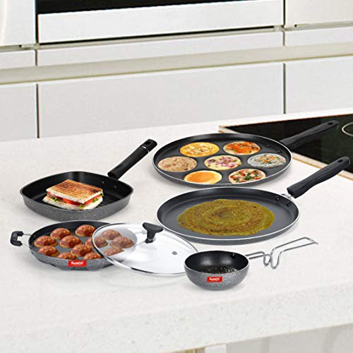Sumeet NonStick Negru Cookware Set(Dosa Tawa-26.5Cm Dia+Multi Snack Maker-7 Cavity-26.5Cm Dia+Grill Appam Patra with Glass Lid-12 Cavity-22cm Dia+Grill Pan-22cm Dia+Tadka pan-190Ml-10Cm Dia)