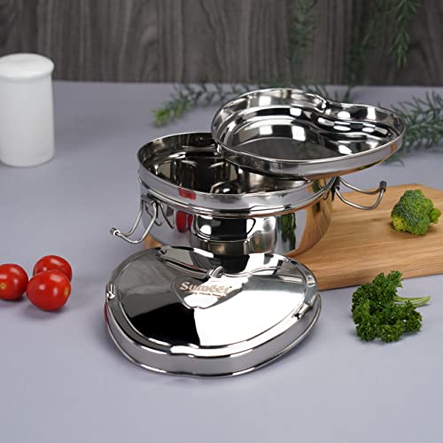 Sumeet Stainless Steel Apple Lunch Box/Tiffin with Steel Separator Plate and Locking Clip, 650ML, Ideal for 1 Person - Silver