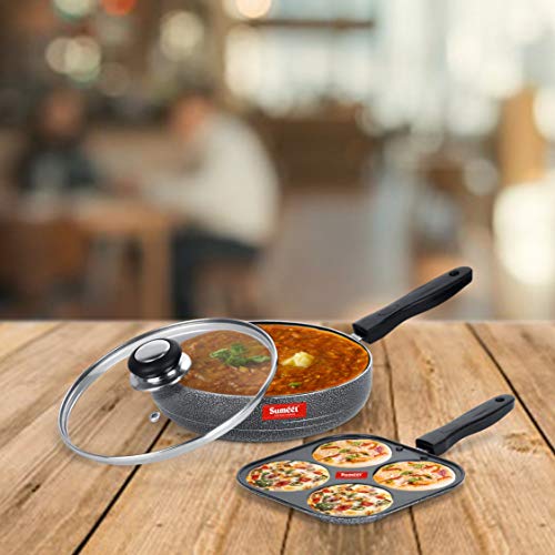 Sumeet NonStick Silfur Cookware Set (Frypan with Glass Lid - 1.5Ltr - 22Cm Dia + Mini Multi Snack Maker - 4 Cavity -19.5cm)