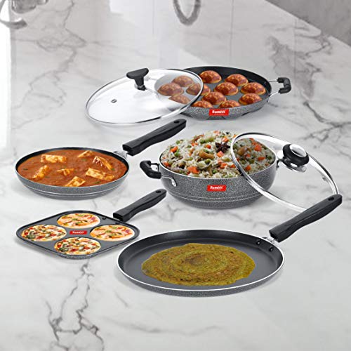 Sumeet NonStick Juodas Cookware Set(Dosa Tawa-26.5Cm Dia+Mini Multi Snack Maker-19.5cm+Kadhai with Glass Lid-22Cm Dia+Grill Appam Patra with Glass Lid-22cm Dia+Tapper pan-20Cm Dia)