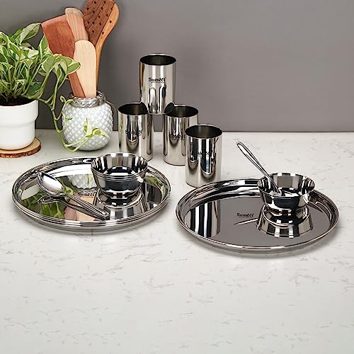 Sumeet Stainless Steel Heavy Gauge Mirror Finish Dinner Set of 16 Pcs (4 Plate, 4 Bowl/Wati, 4 Glass, 4 Spoon), Silver