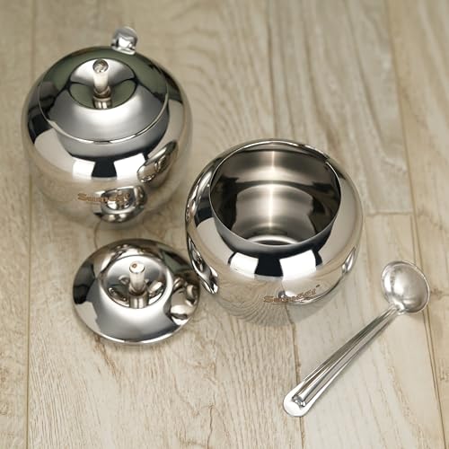 Sumeet Stainless Steel Apple Shape Ghee and Oil Pot, Storage Container with Spoon for Kitchen, 7.5cm Dia, 220ML - Silver (Pack of 2)