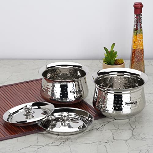 Sumeet Stainless Steel Handcrafted Hammered Texture Handi Set with Lid for Kitchen, Set of 2, 950ml & 1300ml, Silver
