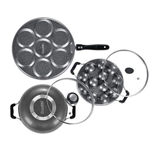 Sumeet NonStick Liath Cookware Set (Multi Snack Maker - 7 Cavity - 26.5Cm Dia + Kadhai with Glass Lid -2Ltr - 22Cm Dia + Grill Appam Patra with Glass Lid - 12 Cavity - 22cm Dia)