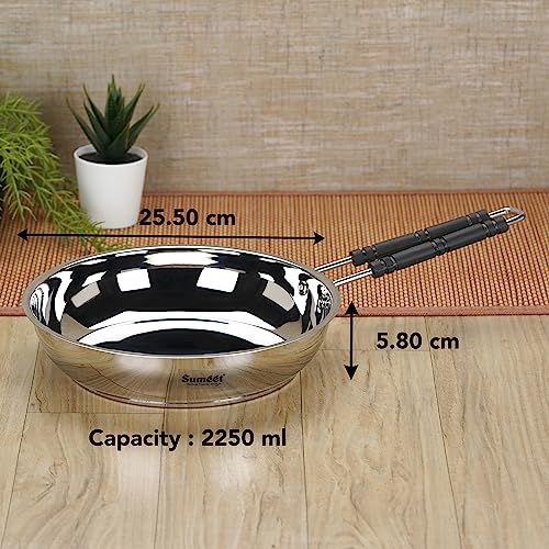 Sumeet Stainless Steel Induction Bottom (Encapsulated Bottom) Fry Pan 2.250 LTR, 25.5 cm Dia, Silver