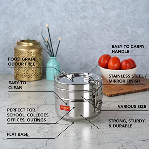 Sumeet Stainless Steel Small Size 2 Compartment Lunch Box/Tiffin with Lid and Handle, 10Cm Dia, (700ML, Silver)