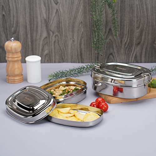 Sumeet Stainless Steel Rectangle Lunch Box/Tiffin with with 2 Compartments and Locking Clip,Set of 2 Pcs, 650ML & 1000ML, Ideal for 4 Person - Silver