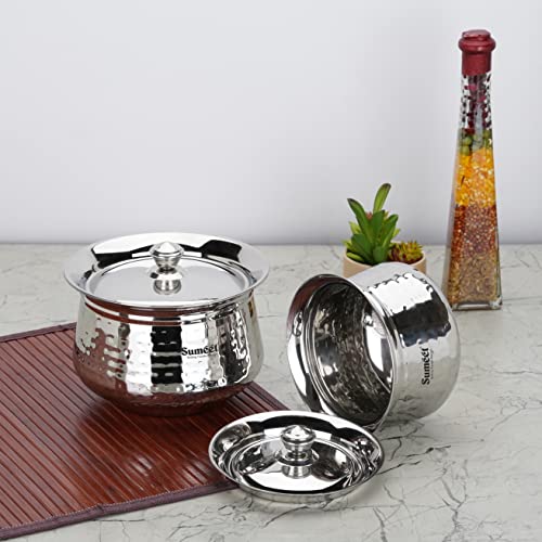 Sumeet Stainless Steel Handcrafted Hammered Texture Handi Set with Lid for Kitchen, Set of 2, 650ml & 1300ml, Silver