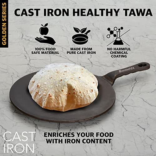 Sumeet Super Smooth Gold Series Pre Seasoned Cast Iron Concave Tawa for Roti/Chapati/Naan |27cm 1.8kg, Gas & Induction-Friendly.