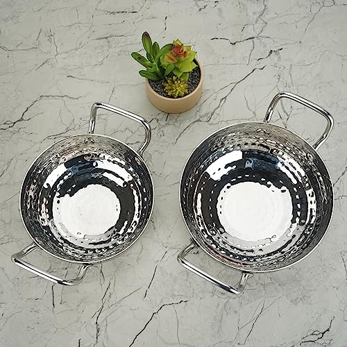 Sumeet Stainless Steel Handcrafted Hammered Mathar Kadai for Kitchen, Small Size, 450ML & 650ML, 12cm & 14cm Dia, Pack of 2, Silver