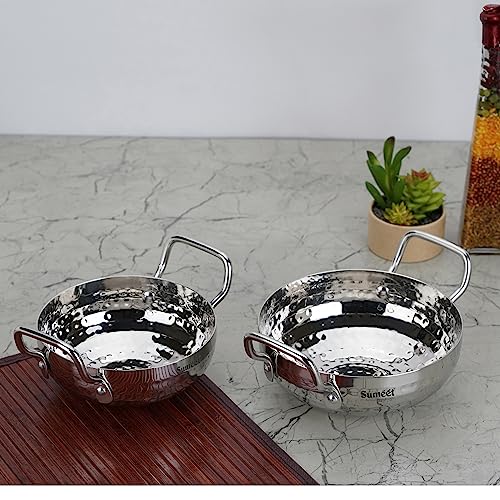 Sumeet Stainless Steel Handcrafted Hammered Mathar Kadai for Kitchen, Small Size, 450ML & 650ML, 12cm & 14cm Dia, Pack of 2, Silver