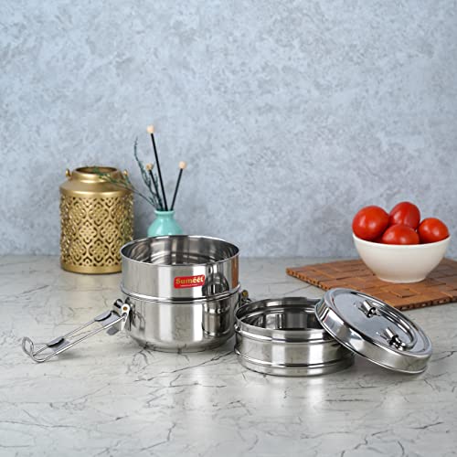 Sumeet Stainless Steel 3 Compartment Lunch Box / Tiffin with Lid and Handle, 13Cm Dia, (1950ML, Silver)