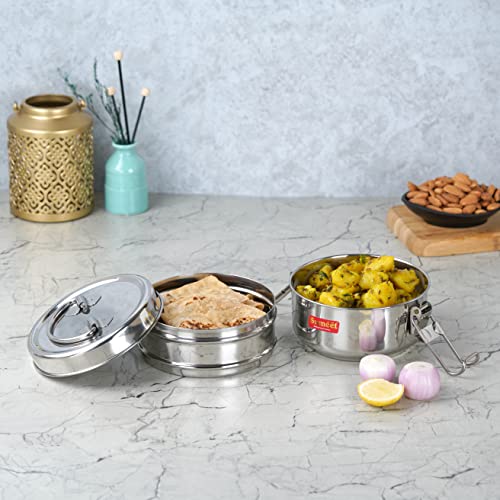 Sumeet Stainless Steel Small Size 2 Compartment Lunch Box/Tiffin with Lid and Handle, 10Cm Dia, (700ML, Silver)
