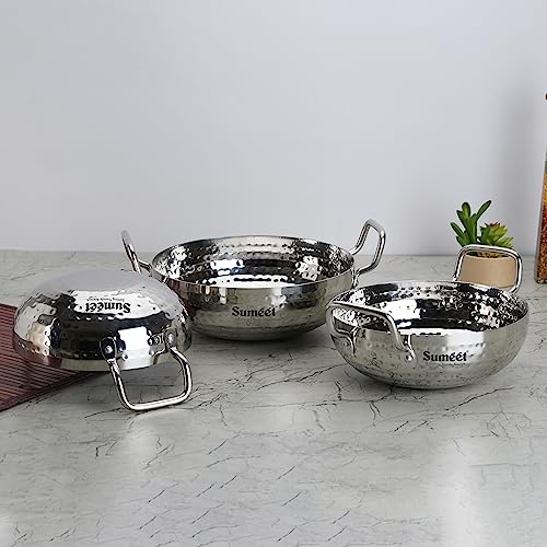 Sumeet Stainless Steel Handcrafted Hammered Mathar Kadai for Kitchen, 1000ML, 1350ML & 1700ML, 16cm, 18cm & 20cm Dia, Pack of 3, Silver