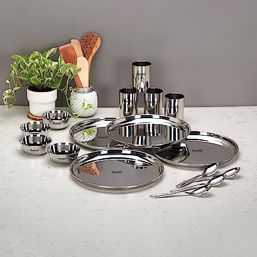 Sumeet Stainless Steel Heavy Gauge Mirror Finish Dinner Set of 16 Pcs (4 Plate, 4 Bowl/Wati, 4 Glass, 4 Spoon), Silver