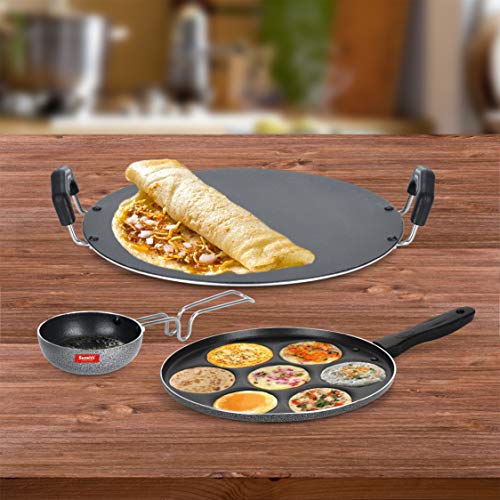 Sumeet NonStick Szary Cookware Set (Tawa-30.5cm Dia + Multi Snack Maker - 7 Cavity - 26.5Cm Dia + Waghariya/Tadka pan - 190Ml - 10Cm Dia)