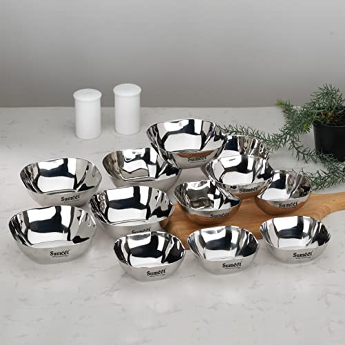 Sumeet Heavy Gauge Stainless Steel Apple Square Bowl/Wati/Katori with Mirror Finish, Combo Set of 12pc, 10.6cm & 11cm Dia, 250ML & 350ML (Each 6Pc) - Silver