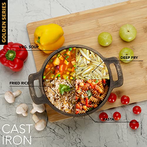 Sumeet Super Smooth Gold Series Pre Seasoned Cast Iron Small Kadai for Fry/Saute |950ml, 18.5cm 1.130kg.