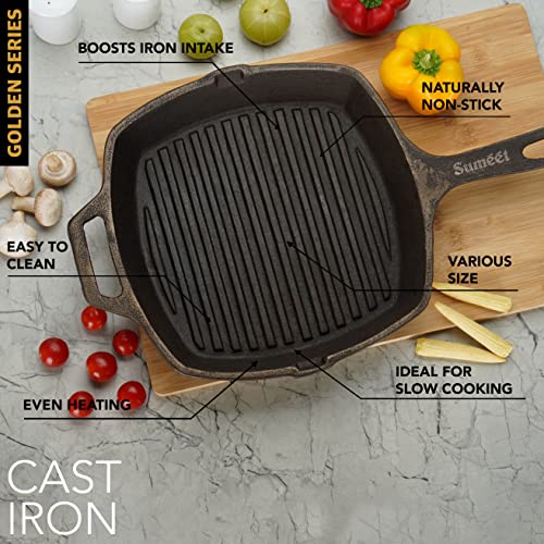 Sumeet Super Smooth Gold Series Pre Seasoned Cast Iron Grill Pan for Grill/Fry/Saute/Roast |28cm 3.180kg, Gas & Induction-Friendly.