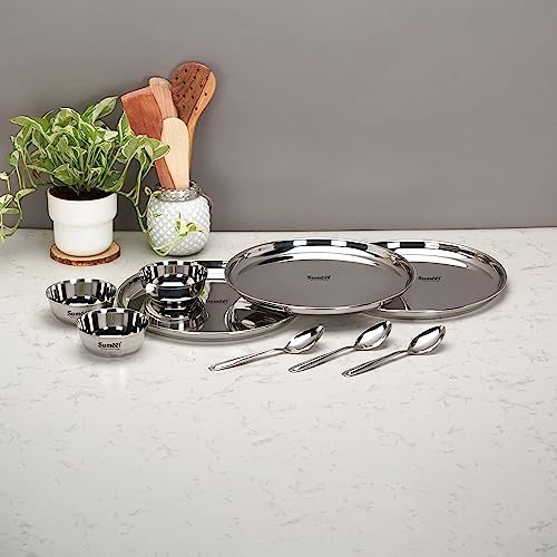 Sumeet Stainless Steel Heavy Gauge Mirror Finish Dinner Set of 9 Pcs (3 Plate, 3 Bowl/Wati, 3 Spoon), Silver