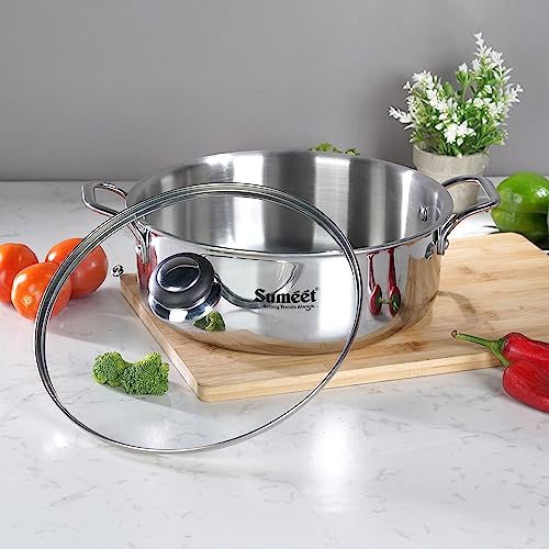 Sumeet Cook Smart TriPly Steel-Aluminium-Steel - 3 Layers Casserole/Biryani Pot/Stock Pot with Glass Lid- 5.2Ltr - 26Cm, Silver