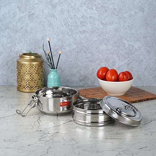 Sumeet Stainless Steel Small Size 2 Compartment Lunch Box/Tiffin with Lid and Handle, 10Cm Dia, (700ML, Silver)