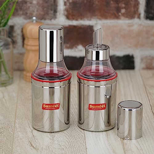 Sumeet Stainless Steel Nozzle Small Oil Dispenser |Oil Bottle | Oil Container | Oil Pourer | Vinegar Bottle | Olive Oil Bottle | Oil Can, 350ML, Pack of 2, Silver