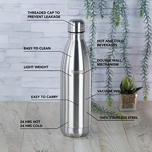 Sumeet Stainless Steel Double Walled Flask / Water Bottle, 24 Hours Hot and Cold, 800 ml, Silver - Set of 2 Pcs