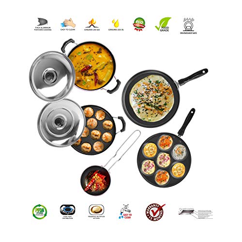 Sumeet 2.6mm Thick Non-Stick Liab Cookware Set (Dosa Tawa – 26.5cm Dia + Multi Snack Maker – 26.5cm Dia + Kadhai with Lid – 1.5Ltr + Grill Appam Patra with Lid – 23cm Dia + Tadka Pan – 10cm Dia)
