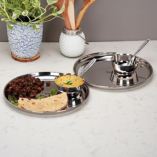 Sumeet Stainless Steel Heavy Gauge Mirror Finish Dinner Set of 6 Pcs (2 Plate, 2 Bowl/Wati, 2 Spoon), Silver